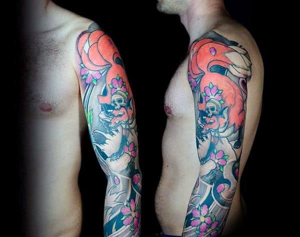 Orange Fox Japanese Male Kitsune Sleeve Tattoo Ideas