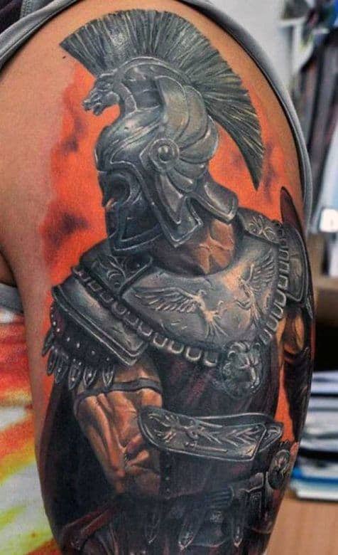 Orange Greek Inspired Tattoos For Men On Arm