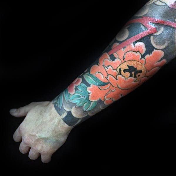 Orange Japanese Flower Mens Sleeve Forearm Tattoos