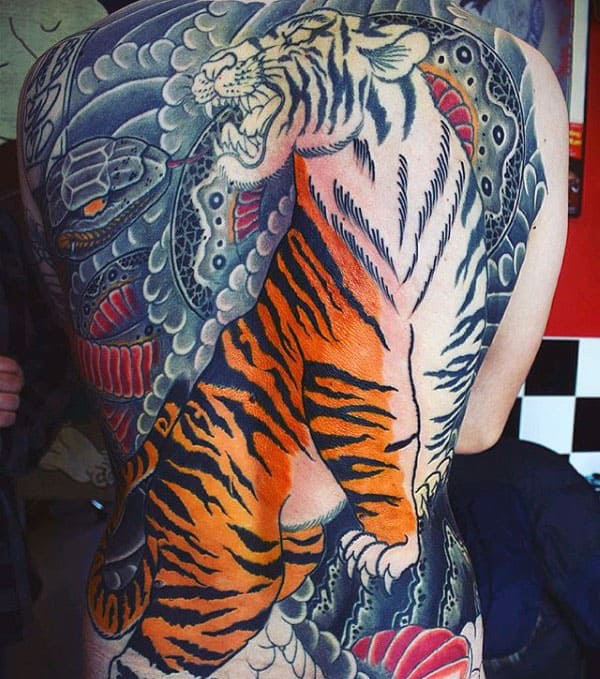 Orange Japanese Tiger Guys Full Back Tattoo Design Inspiration