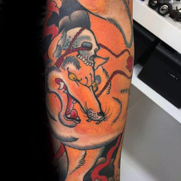 Orange Kitsune With Skull Hat Guys Outer Forearm Tattoo