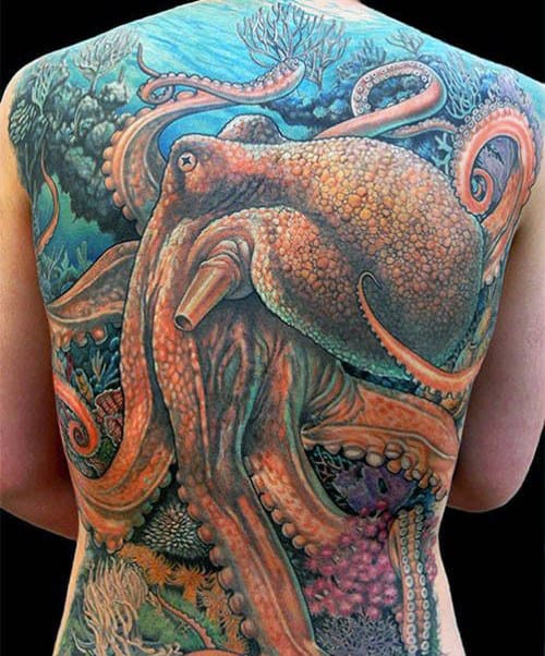 Orange Octopus Guys 3d Full Back Tattoo