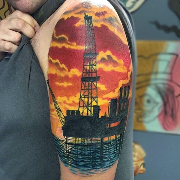 Orange Sky And Tower Tattoo Male Quarter Sleeves