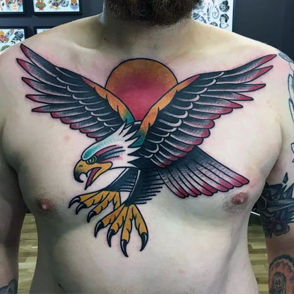 Orange Sun With Eagle Guys Upper Chest Tattoo