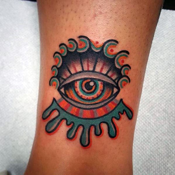 Orange Teal And Black Traditional Mens Eye Leg Tattoo