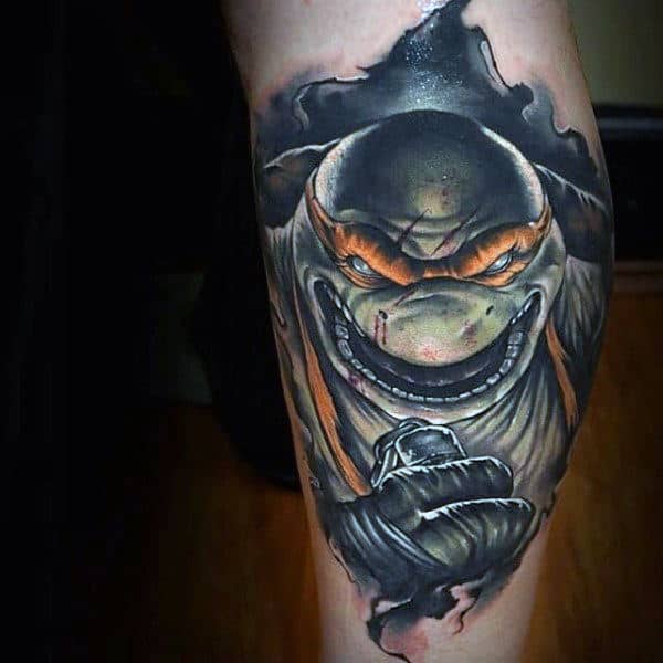 Orange Teenage Mutant Ninja Turtle Mens Leg Calf Tattoo