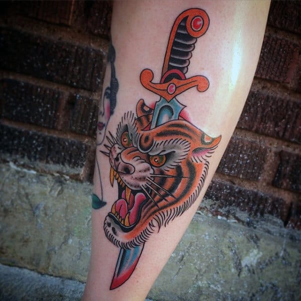 Orange Tiger Mens Sword Mens Traditional Leg Tattoos