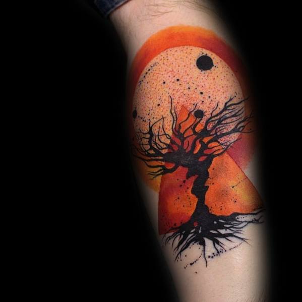 Orange Watercolor Cool Tree Guys Tattoo Designs On Leg Calf