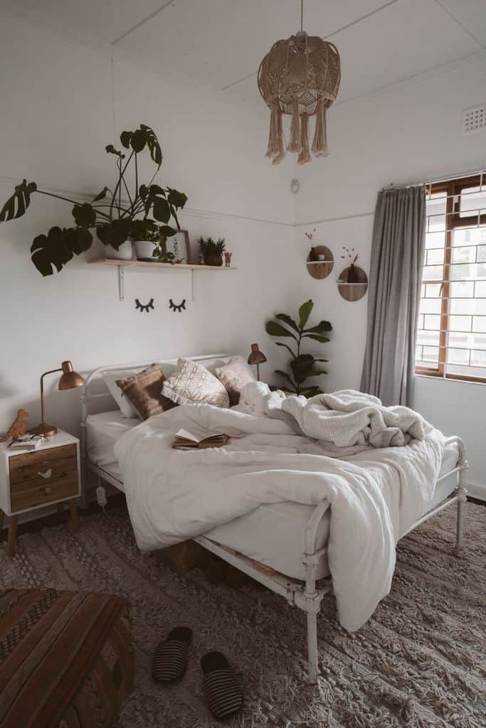 rustic boho bedroom wall shelf plants white bed