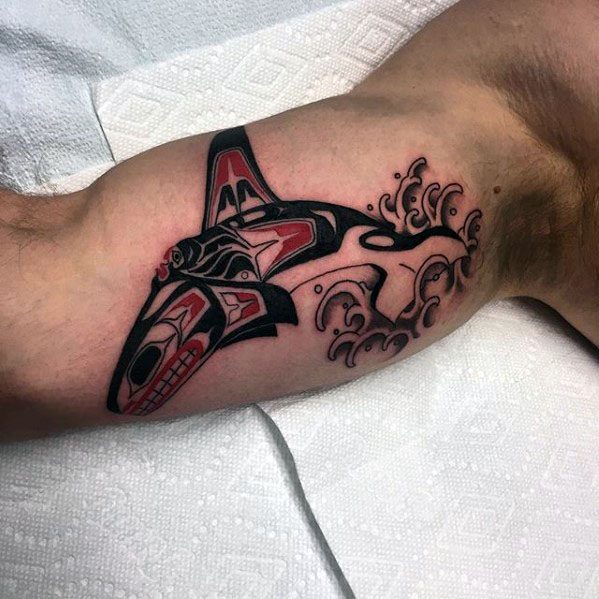 Orca Inner Arm Bicep Tribal Tattoo Design Ideas For Males