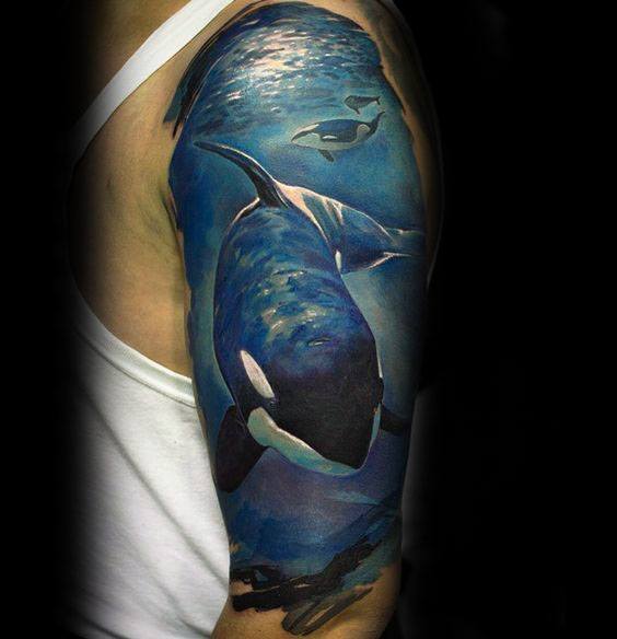 Orca Killer Whale Half Sleeve Realistic 3d Guys Tattoo Ideas
