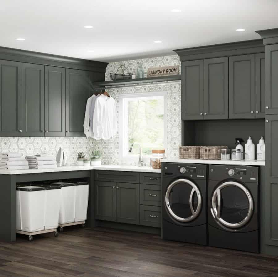 large gray organized laundry room washer and dryer
