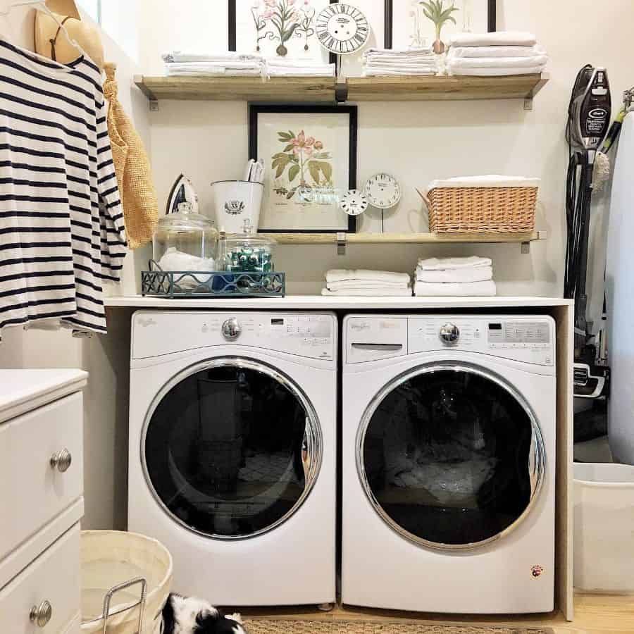 organized laundry room storage side by side washer and dryer