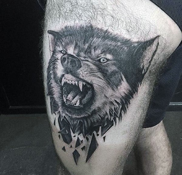 Original Geometric Mens Wolf Shattered Tattoo On Thigh