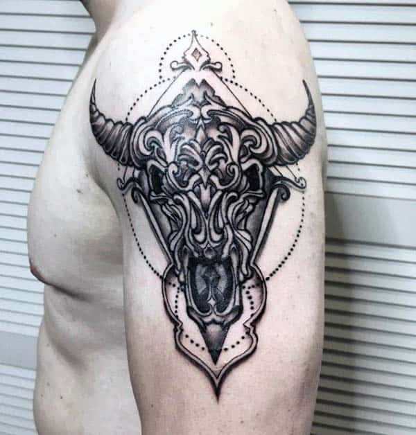 Ornate Decorative Bull Skull Upper Arm Male Tattoos