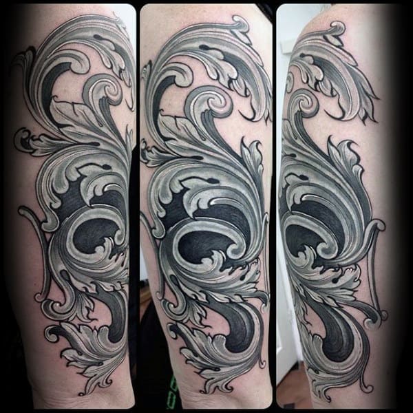 Ornate Filigree Mens White And Black Ink Tattoo Designs