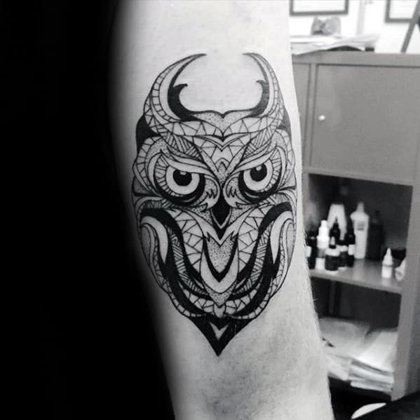 Ornate Geometric Owl Male Inner Forearm Tattoos