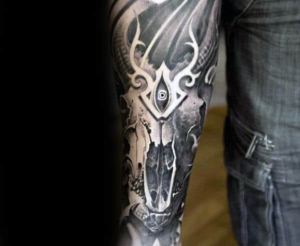 Ornate Goat Skull 3d Realistic Mens Leg Sleeve Tattoos