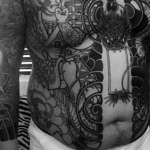 Ornate Guys Japanese Traditional Chest Tattoo