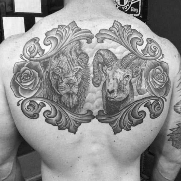 Ornate Male Lion And Ram Upper Back Tattoo Designs