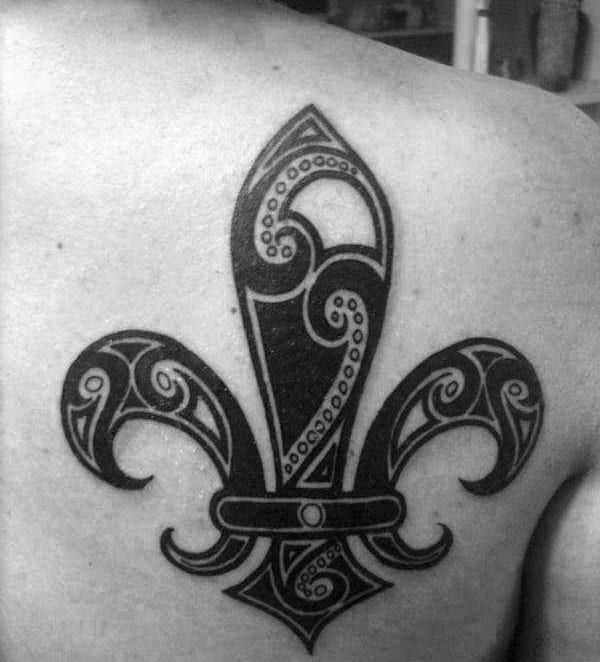 Ornate Mens Fleur De Lis Black Ink Shoulder Blade Tattoo