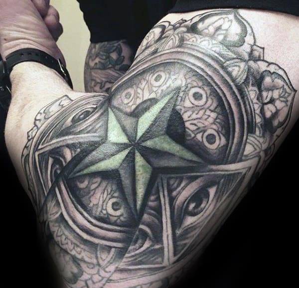 Ornate Nautical Star Mens Outer Arm Tattoo Ideas