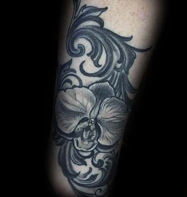 Ornate Orchid Mens Arm Tattoo Design Ideas
