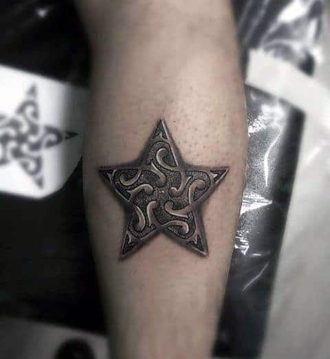 Ornate Simple Star Mens Leg Calf Tattoo