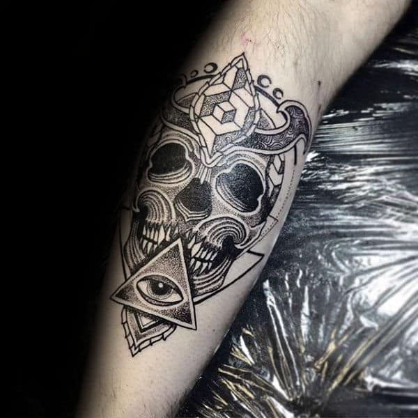 Ornate Skull Pointillism Mens Leg Tattoos