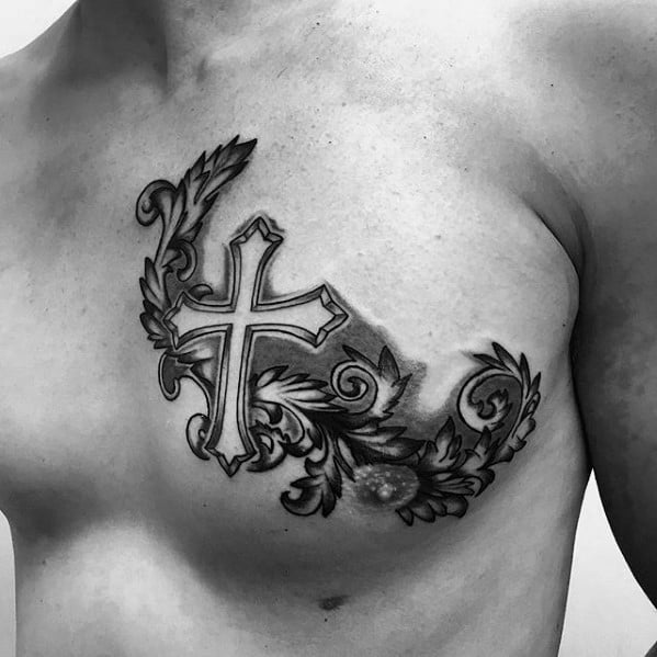 Ornate Small Religious Male Cross Upper Chest Tattoo