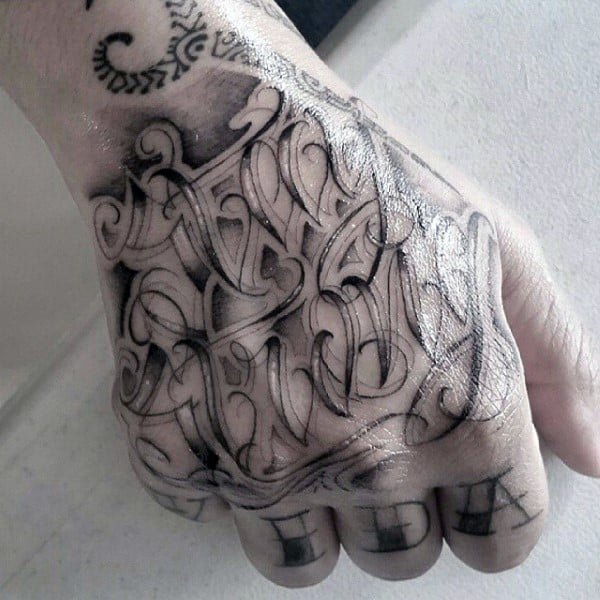 Ornate Wording Guys Strength Inspired Hand Tattoos