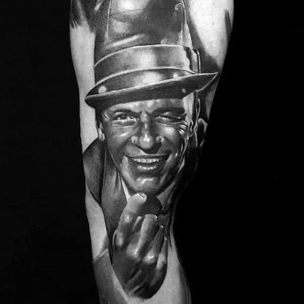 Outer Arm 3d Black And Grey Shaded Frank Sinatra Male Tattoo Designs
