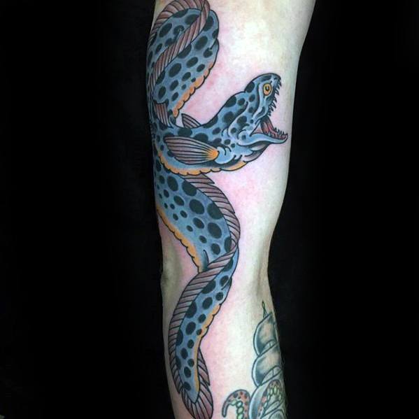 Outer Arm Artistic Blue Male Eel Tattoo Ideas