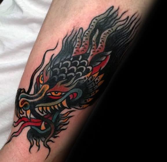 Outer Arm Guys Dragon Head Tattoo With Traditional Design