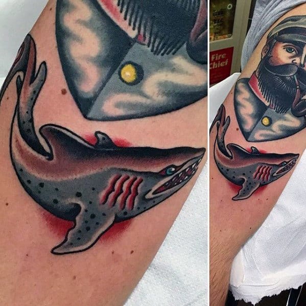 Outer Arm Guys Sailor With Shark Traditional Tattoos