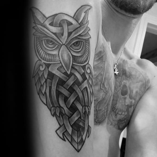 Outer Arm Mens Celtic Owl Tattoo Design Inspiration