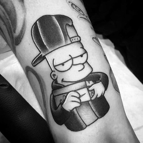 Outer Arm Shaded Bart Simpson With Nike Shoe Box Guys Tattoo Designs