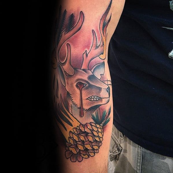 Outer Arm Traditional Deer And Pine Cone Mens Tattoo Ideas