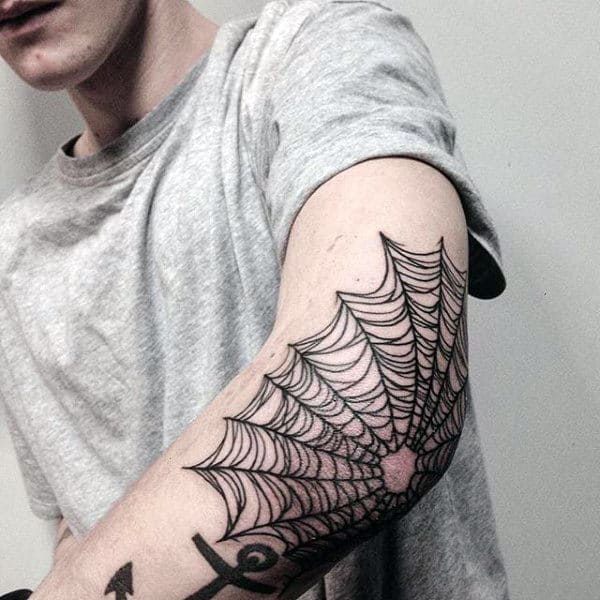 Outer Elbow Guys Spider Web Tattoo Design Inspiration