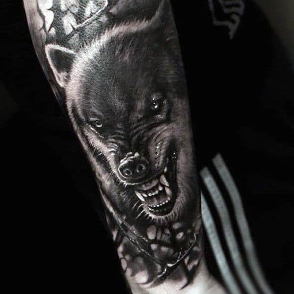 Outer Forearm Agressive Wolf Realistic Tattoo Ideas For Men