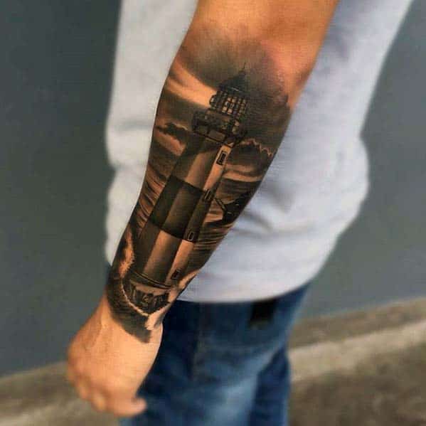 Outer Forearm Badass Male Lighthouse Shaded Black And Grey Ink Tattoos