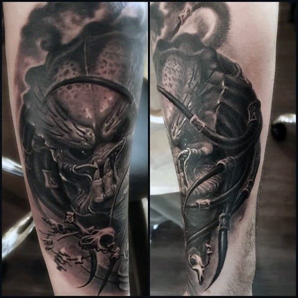 Outer Forearm Black And Grey Shaded Male Alien Vs Predator Tattoos