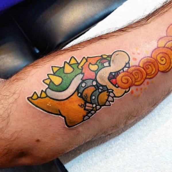 Outer Forearm Bowser Blowing Fire Tattoo Designs For Gentlemen