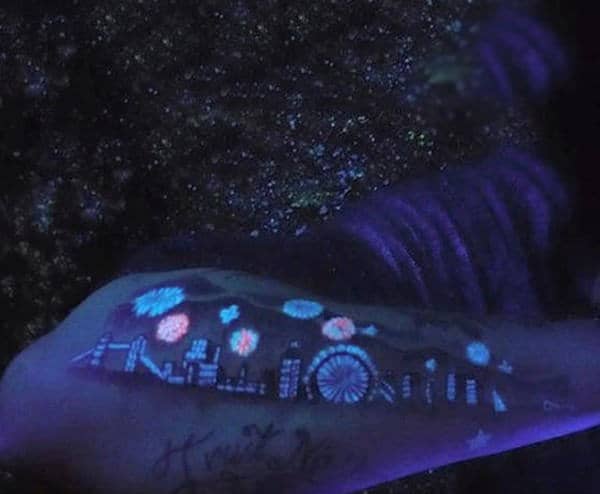 Outer Forearm Fireworks Skyline Guys Glowing Uv Ink Tattoos