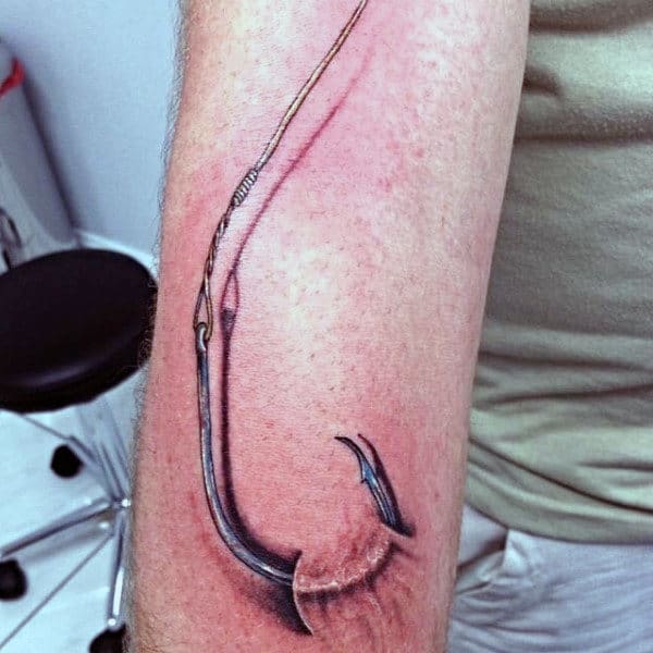 Outer Forearm Fish Hook With Line Mens Tattoos