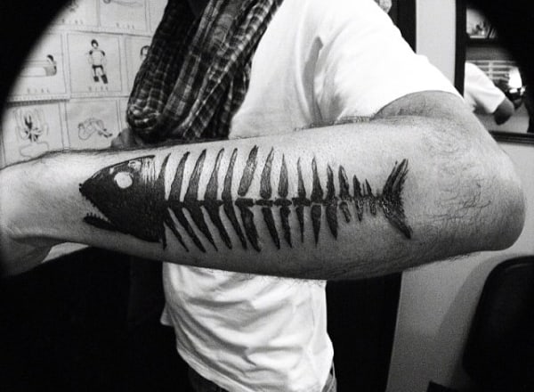 Outer Forearm Fish Skeleton Tattoo On Gentleman