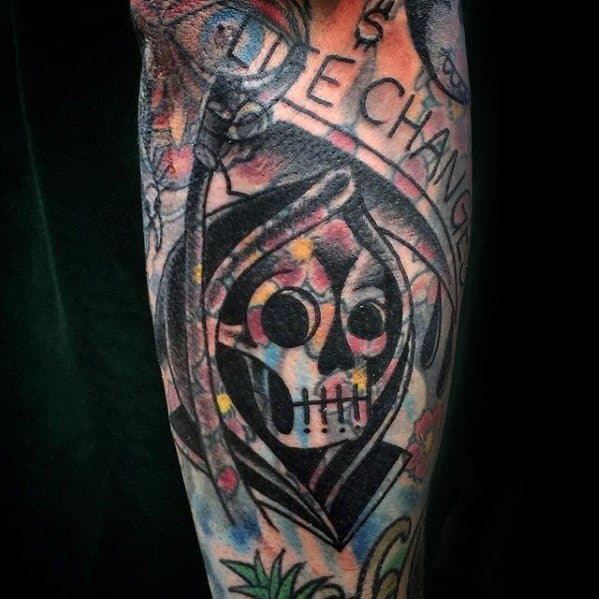 Outer Forearm Grim Reaper Blast Over Male Tattoo Designs
