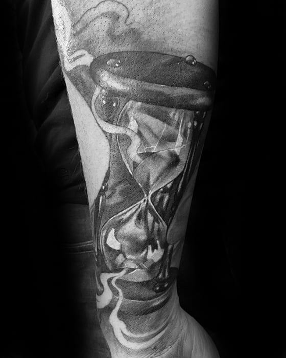 Outer Forearm Guys Black And Grey Ink Shaded Broken Hourglass Tattoo