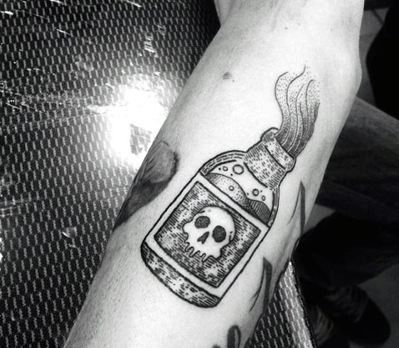 Outer Forearm Guys Poison Bottle Tattoo Designs
