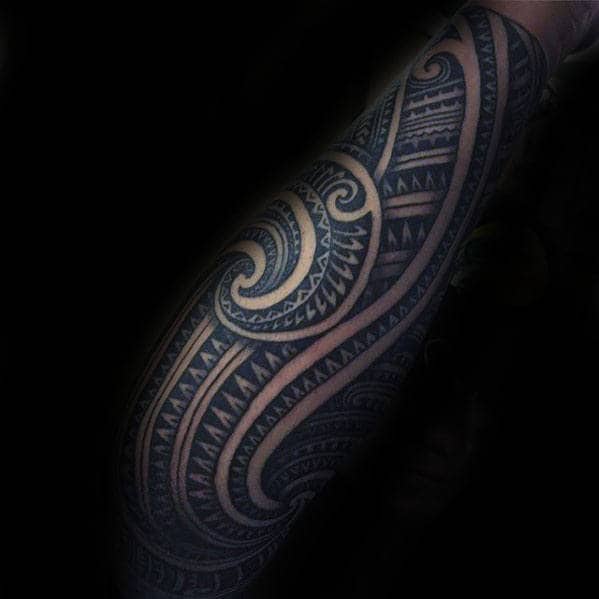 Outer Forearm Guys Polynesian Traditional Tribal Sleeve Tattoo